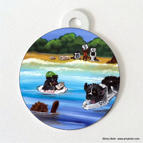 "Water Rescue 101" Black, Brown, Landseer Newfoundland Double Sided Pet ID Tag