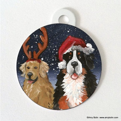 "Christmas Buddies" Bernese Mountain Dog & Golden Retriever Double Sided Pet ID Tag