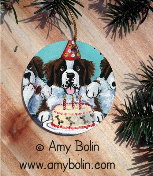 "Happy Birthday To You" Saint Bernard Ceramic Ornament Round