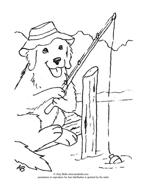 FREE COLORING SHEET DOWNLOAD · "Gone Fishing" · GOLDEN RETRIEVER · AMY BOLIN