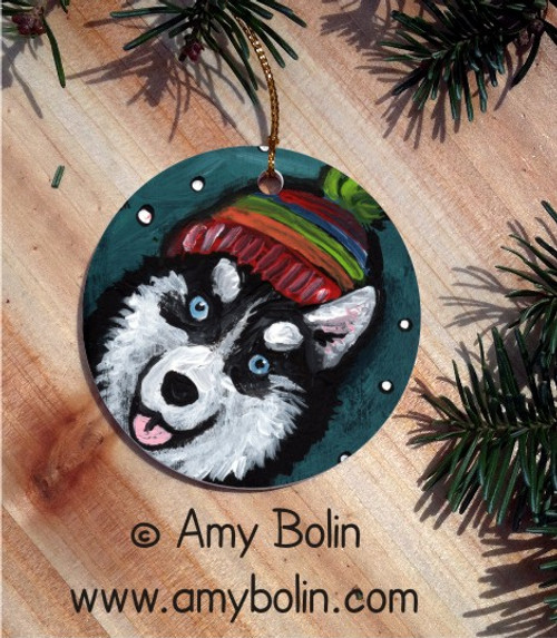 "Snowy Weather" Siberian Husky Ceramic Ornament Round