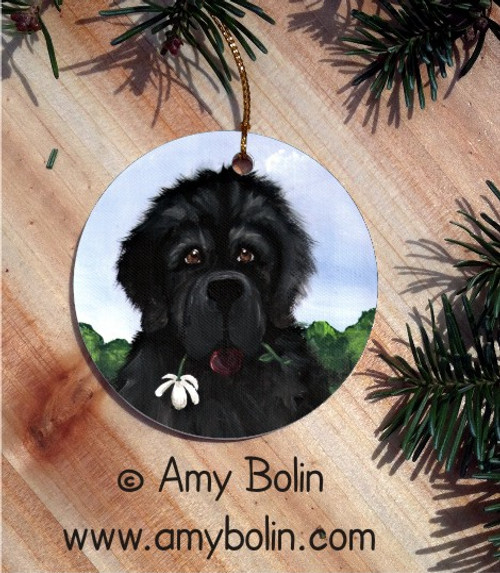 "I Saw This Flower And Thought Of You" Black Newfoundland Ceramic Ornament Round