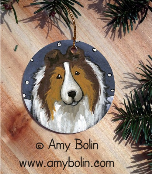 "In The Snow Again" Sable Shetland Sheepdog Ceramic Ornament Round