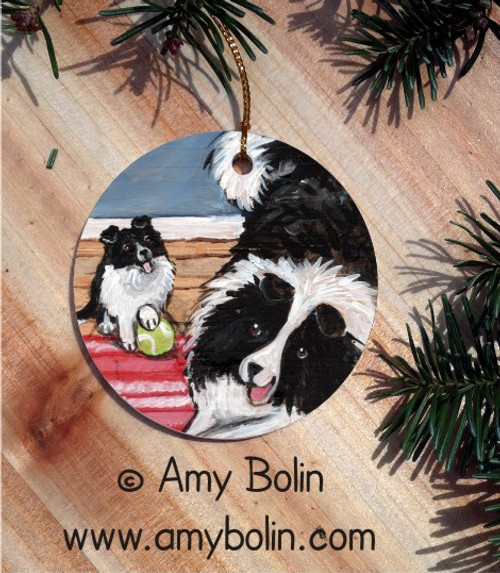 "Play Time" Bi Black Shetland Sheepdog Ceramic Ornament Round