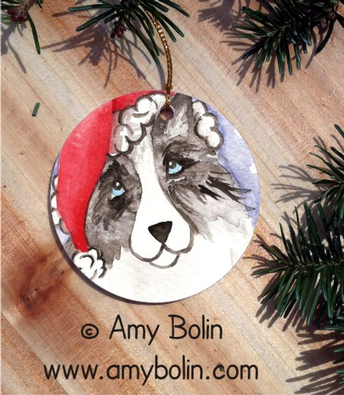 "Santa" Bi Blue Shetland Sheepdog Ceramic Ornament Round