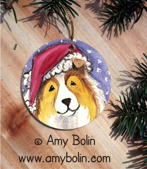 "Santa" Sable Shetland Sheepdog Ceramic Ornament Round