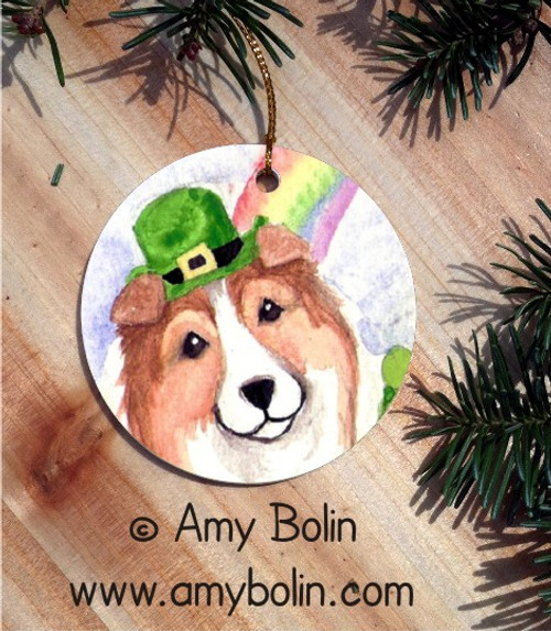 "Shamrock Sheltie" Sable Shetland Sheepdog Ceramic Ornament Round