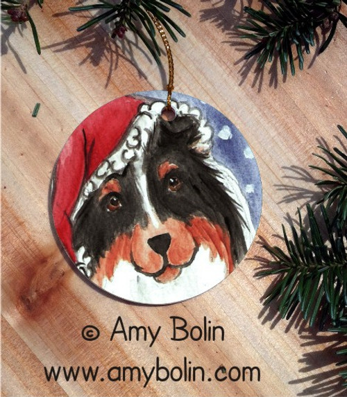 "Santa" Tri Color Shetland Sheepdog Ceramic Ornament Round