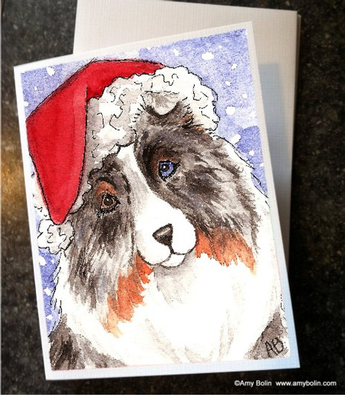 "Christmas: Santa" Blue Merle Shetland Sheepdog Note Cards