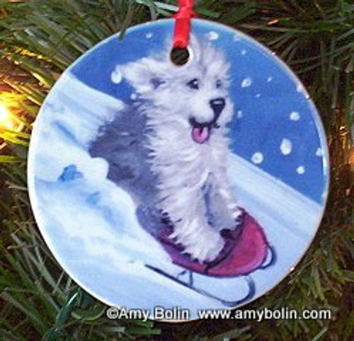 "The Sled Ride" Old English Sheepdog Ceramic Ornament Round