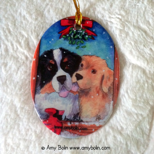 "Under The Mistletoe" Bernese Mountain Dog & Golden Retriever Ceramic Ornament Oval