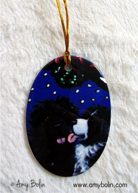 "Under The Mistletoe" Black & Landseer Newfoundland Ceramic Ornament Oval