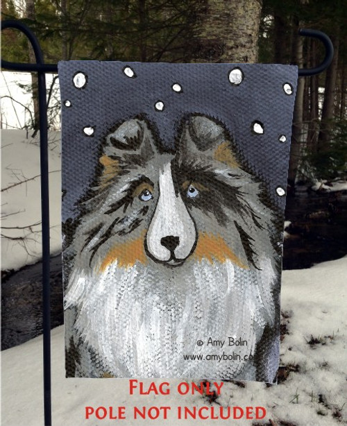 "In The Snow Again" Blue Merle Shetland Sheepdog Garden Flag