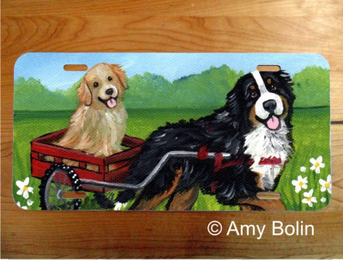 "Traveling Buddies" Bernese Mountain Dog & Golden Retriever License Plate