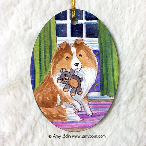 "Bedtime Buddies" Sable Shetland Sheepdog Ceramic Ornament Oval