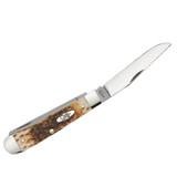 KNIFE #00163 AMBER BONE PEACH SEED JIG CHROME VANADIUM TRAPPER