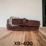 TWISTED X BELT, CHESTNUT, FLORAL TOOLING WITH STITCHING ON EDGE