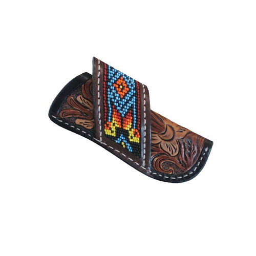 KNIFE SHEATH, 4" LEATHER, SUNBURST BEADED FLORAL DESIGN