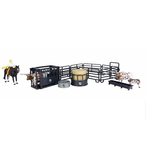BIG COUNTRY TOY LARGE RANCH SET, INCLUDES HAY BALE & HAY RING, SQUEEZE CHUTE, COWBOY, WATER TROUGH, FEED TROUGH, LONGHORN BULL, LONGHORN COW & CALF PAIR, & 7 PIECE CORRAL FENCE
