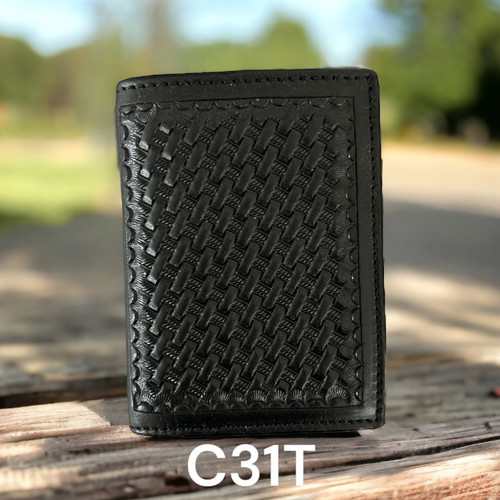 WALLET, TRIFOLD, BLACK, BASKET WEAVE