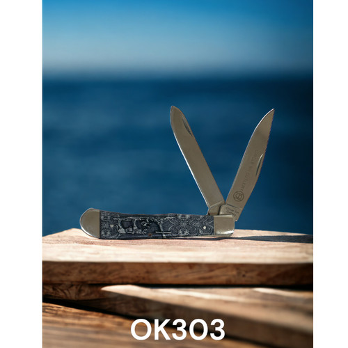 KNIFE, CIRCLE SH KNIFE, 4" SS DOUBLE BLADE, PRAYING COWBOY DESIGN HANDLE