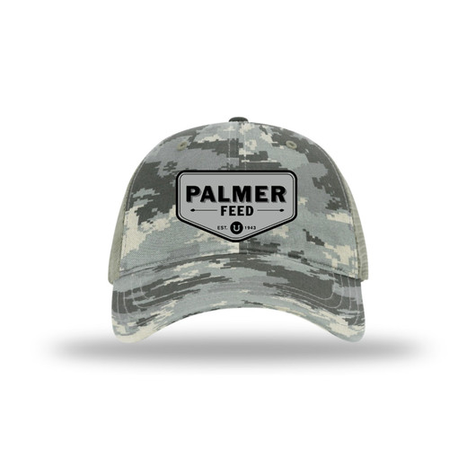 PALMER'S GARMENT WASHED PRINTED TRUCKER, DIGITAL CAMO/LIGHT GREEN MESH, CHEVRON SILVER/BLACK LOGO PATCH