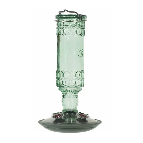 PERKY-PET GREEN ANTIQUE GLASS BOTTLE HUMMINGBIRD FEEDER, 10oz