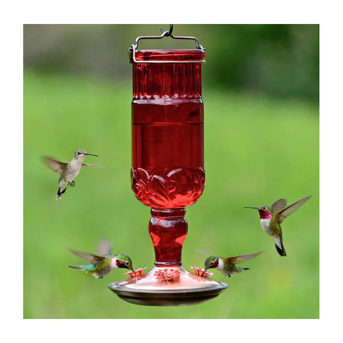 RED ANTIQUE GLASS BOTTLE HUMMINGBIRD FEEDER 24oz, #8119-2