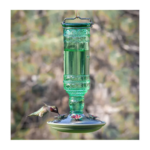 GREEN ANTIQUE GLASS BOTTLE HUMMINGBIRD FEEDER 10oz, #8108-2