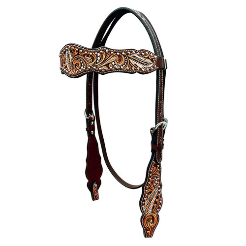 BAR H EQUINE HEADSTALL, HIGH QUALITY LEAF HAND CARVED HORSE WESTERN FASHION PREMIUM LEATHER HEADSTALL, BER349-HS