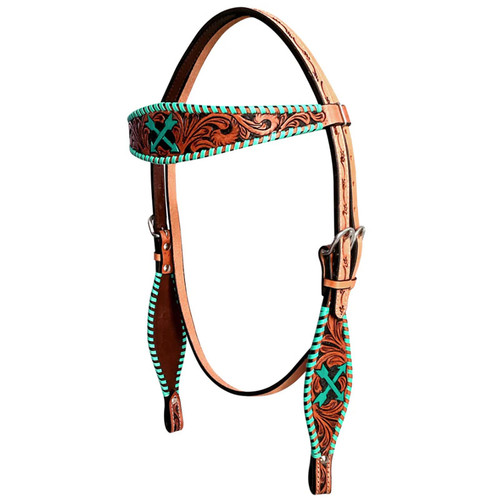 BAR H EQUINE, TURQUOISE BUCKSTITCH CROSS ARROW HORSE WESTERN LEATHER HEADSTALL, TAN, BER262-HS