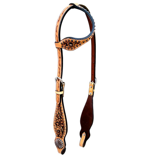 BAR H EQUINE CLASSIC PINWHEEL FLORAL HAND CARVED HORSE WESTERN LEAHTER ONE EAR HEADSTALL, BER244-1E