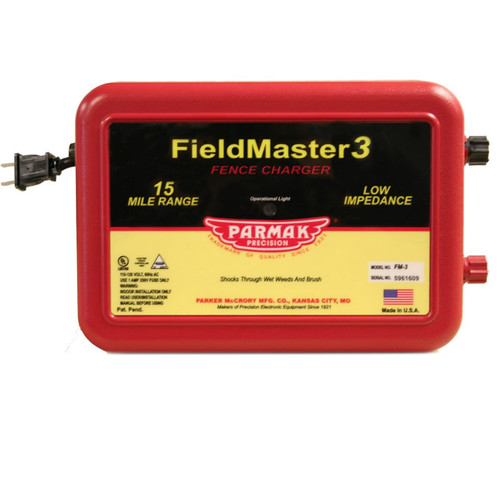 PARMAK FIELD MASTER 3 ELECTRIC FENCE CHARGER, 110-120 VOLT, AC OPERATED, 15 MILES, MODEL FM-3