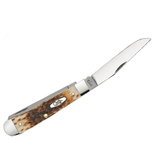 KNIFE #00163 AMBER BONE PEACH SEED JIG CHROME VANADIUM TRAPPER
