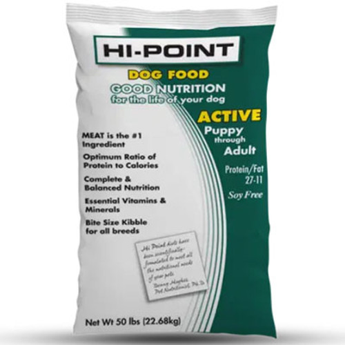 HI-POINT ACTIVE/PUPPY, THROUGH ADULT DOG FOOD 27/11 50# HI-POINT ACTIVE/PUPPY, THROUGH ADULT DOG FOOD 27/11 50#