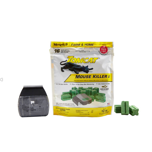 TOMCAT 16x1oz REFILLABLE MOUSE BAIT BAG BLOCK BAIT & 1 STATION