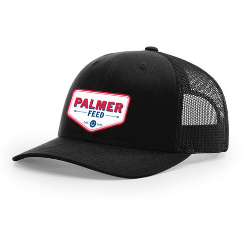 PALMER'S TRUCKER CAP BLACK MESH/BLACK FRONT, CHEVRON RED LOGO PATCH