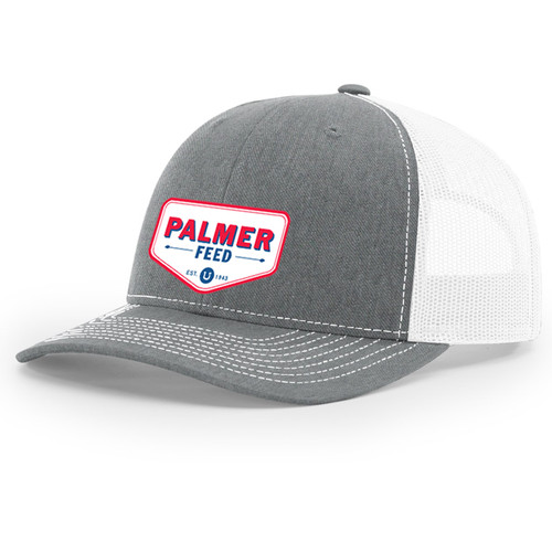 PALMER'S TRUCKER CAP WHITE MESH/HEATHER GRAY FRONT, CHEVRON RED LOGO PATCH