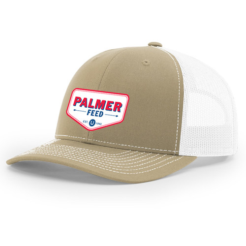 PALMER'S TRUCKER CAP WHITE MESH/KHAKI FRONT, CHEVRON RED LOGO PATCH