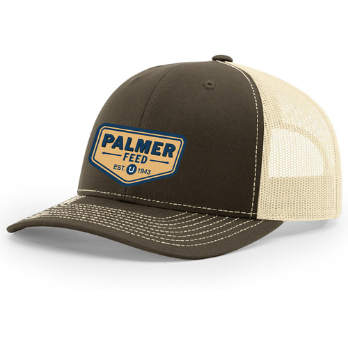 PALMER'S TRUCKER CAP KHAKI MESH/COFFEE BROWN FRONT, CHEVRON BLUE LOGO PATCH