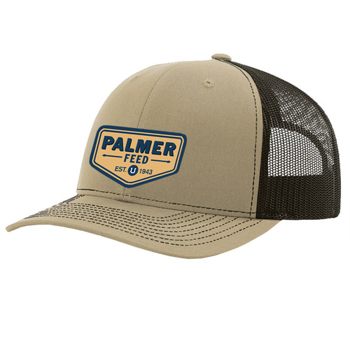 PALMER'S TRUCKER CAP COFFEE BROWN MESH/ KHAKI FRONT, CHEVRON BLUE LOGO PATCH