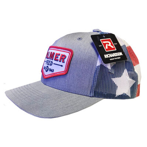 PALMER'S TRUCKER CAP PATRIOT MESH/HEATHER GREY FRONT, CHEVRON RED LOGO PATCH