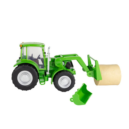BIG COUNTRY TOY TOY TRACTOR & IMPLEMENTS, TRACTOR COMES COMPLETE WITH MOVING ARMS, INTERCHANGEABLE HAY FORKS BUCKET, & A NEWLY DESIGNED HAY BALE WITH HOLES THAT FIT ON THE HAY FORK