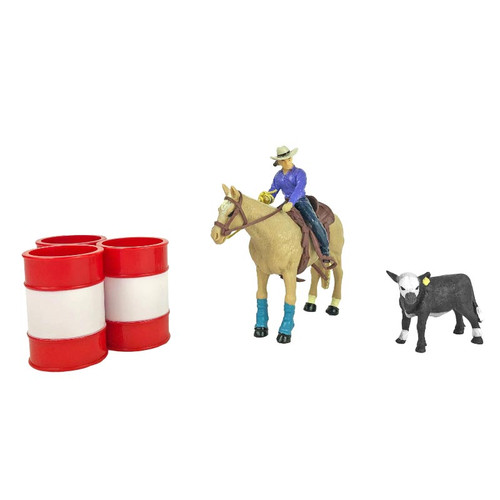 BIG COUNTRY TOY ALL AROUND COWGIRL, INCLUDES PALOMINO QUARTER HORSE, SADDLE, TACK, REAL ROPE, COWGIRL, ROPING CALF, & 3 BARRELS