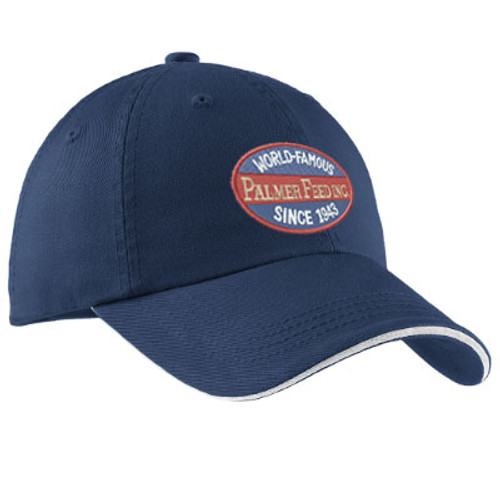 PALMER'S SANDWICH BILL CAP, ENSIGN BLUE/WHITE WITH STRIPED CLOSURE, WORLD-FAMOUS SINCE 1943 PATCH