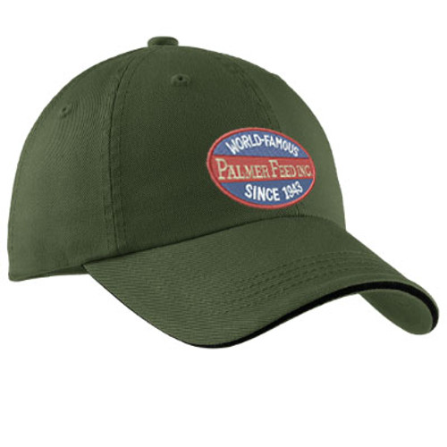 PALMER'S SANDWICH BILL CAP, OLIVE/BLACK WITH STRIPED CLOSURE, WORLD-FAMOUS SINCE 1943 PATCH