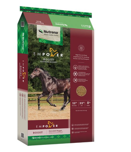 Empower Boost is a High fat rice bran extruded nugget for working horses and hard keepers. Empower Boost Horse Feed is a special blend of fat and select nutrients to give your horse a leg up to work harder, train longer, and perform better. This mixture helps your hard keeper consistently deliver a strong performance that makes you proud.
Shop affordable, best prices and deals on all your Nutrena horse feeds and needs at Pilot Point Feed Store! We're your go-to Nutrena Dealer! Empower Boost is a High fat rice bran extruded nugget for working horses and hard keepers. Empower Boost Horse Feed is a special blend of fat and select nutrients to give your horse a leg up to work harder, train longer, and perform better. This mixture helps your hard keeper consistently deliver a strong performance that makes you proud.
Shop affordable, best prices and deals on all your Nutrena horse feeds and needs at Pilot Point Feed Store! We're your go-to Nutrena Dealer!