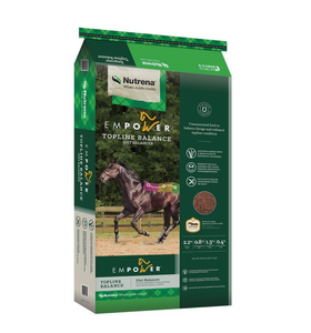 Empower® Topline Balance® Ration Balancer is designed to round out nutrition for your horses that get adequate energy from good quality forage or pasture. It’s a ration balancer offering a blend of the essential amino acids, vitamins, and minerals your horse needs to look and feel its best, including unique support for better topline health. The low-feeding rate is a great benefit, making it the perfect partner with pasture or hay, or as a top dress to another feed. Shop Affordable, Best Price and Deal on Nutrena Empower Topline Balance Supplement at Pilot Point Feed Store. We're your go-to Nutrena Dealer! Empower® Topline Balance® Ration Balancer is designed to round out nutrition for your horses that get adequate energy from good quality forage or pasture. It’s a ration balancer offering a blend of the essential amino acids, vitamins, and minerals your horse needs to look and feel its best, including unique support for better topline health. The low-feeding rate is a great benefit, making it the perfect partner with pasture or hay, or as a top dress to another feed. Shop Affordable, Best Price and Deal on Nutrena Empower Topline Balance Supplement at Pilot Point Feed Store. We're your go-to Nutrena Dealer!