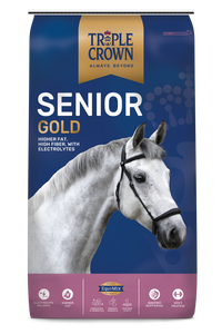 A super premium grain free, beet pulp based feed for all horses. Ideal for older horses and horses unable to masticate their feed or forage adequately. Triple Crown Gold Senior is a softer feed that can be mixed with water to form a mash for horses that suffer from choke or are otherwise unable to masticate and swallow their feed normally. The low soluble carbohydrate level of Triple Crown Gold Senior makes it a dietary option for horses with metabolic syndrome. Shop Affordable, Best Price and Deals on all your Triple Crown Horse Feed at Pilot Point Feed Store. We're your local Triple Crown Dealer! A super premium grain free, beet pulp based feed for all horses. Ideal for older horses and horses unable to masticate their feed or forage adequately. Triple Crown Gold Senior is a softer feed that can be mixed with water to form a mash for horses that suffer from choke or are otherwise unable to masticate and swallow their feed normally. The low soluble carbohydrate level of Triple Crown Gold Senior makes it a dietary option for horses with metabolic syndrome. Shop Affordable, Best Price and Deals on all your Triple Crown Horse Feed at Pilot Point Feed Store. We're your local Triple Crown Dealer!