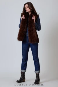A PERENNIAL FAN FAVORITE!
Gorgeous goat suede accompanied by statement-making fur, the Hondo Vest is next-level luxurious! Available in four covetable colors, this vest is designed to add dazzle to everything from understated dress to a blouse and jeans. Trust us, this is your new go-to accent piece this fall/winter -- you simply cannot don it without feeling (and looking!) like a million bucks.

color: after midnight, banjo burgundy, iron horse, buckaroo brown, yucca, black/black, black/natural
content: 100% goat suede
embellishments: 
size: S, M, L
fit: relaxed
style number: V977-23BB
collection: Untamed
delivery: end of September